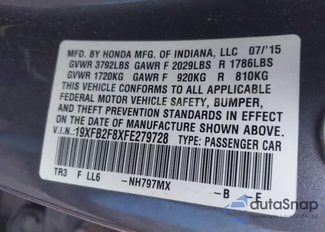 2015 Honda Civic Ex из США, поврежденный, VIN 19XFB2F8XFE279728